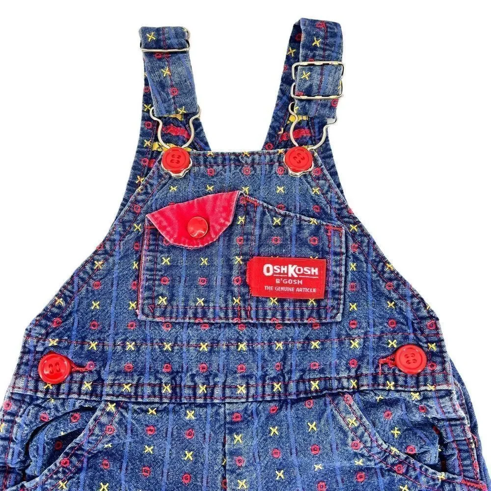 Vtg 80s Oshkosh Vestbak 3/6 Months Blue Denim XO Embroidered Cotton Overalls USA
